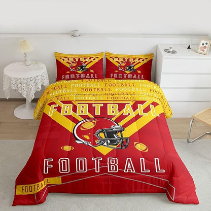 Feelyou Football Bedding Set Boys Girls King Size Women Men Football City Comforter Rugby Sports Duvet Quilt Red Yellow Room Decor