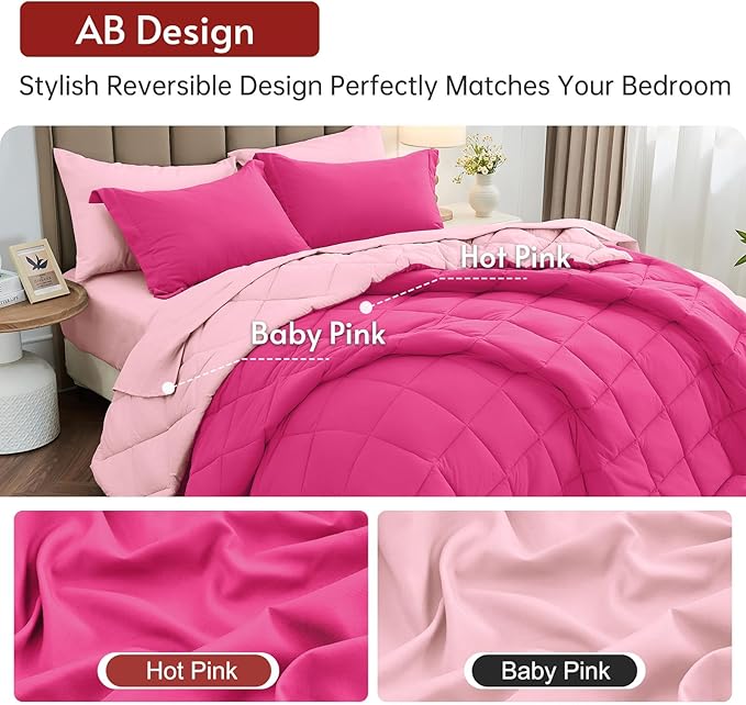MUXHOMO 7 Pieces Oversized King Comforter Set, Reversible Bed in a Bag Oversized King Size, All Season Bedding Set with Comforter, Flat Sheet, Fitted Sheet, Pillowcases & Shams, Hot Pink & Baby Pink