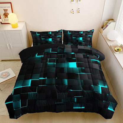 Neon Turquoise Black Comforter Set Queen Geometric Kids Bedding Set,3 PCS Geometry Honeycomb Bed Set Modern Quilt Set 1 Comforter 2 Pillow Cases Cool Room Decor All Season B-Side Black