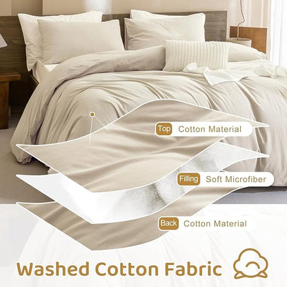 Sanracie Queen Size Comforter Set, Washed Cotton Linen Feel Bedding Comforter Sets 3 Pieces(1 Solid Wheat Colored Comforter +2 Pillowcases) Soft Lightweight Aesthetic Bedding Sets Queen All Season