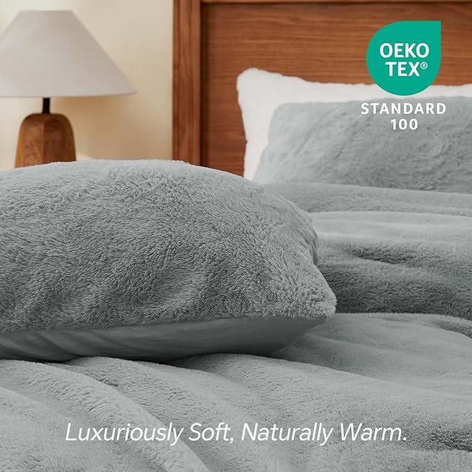 BEDELITE Faux Fur Fleece King Comforter Set - Fluffy & Warm Grey Comforter King Size，Ultra Soft and Cozy Winter Bedding Set,Fuzzy Thick Bed Set,1 Comforter and 2 Pillowcases