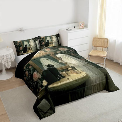 Erosebridal Funny Ghost Comforter Set Full, Happy Halloween Cute Ghost Bedding Set, Gothic Cat Comforter, Rose Flowers Retro Baroque Boho Floral Quilt with 2 Pillowcases for Bedroom Decor