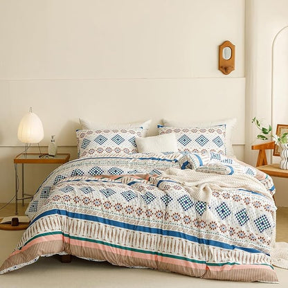 CLOTHKNOW Aztec Boho King Size Comforter Set Southwest Bedding Comforter Sets White Blue Comforter American Tribal Navajo Comforter with 2 x Pillowcases