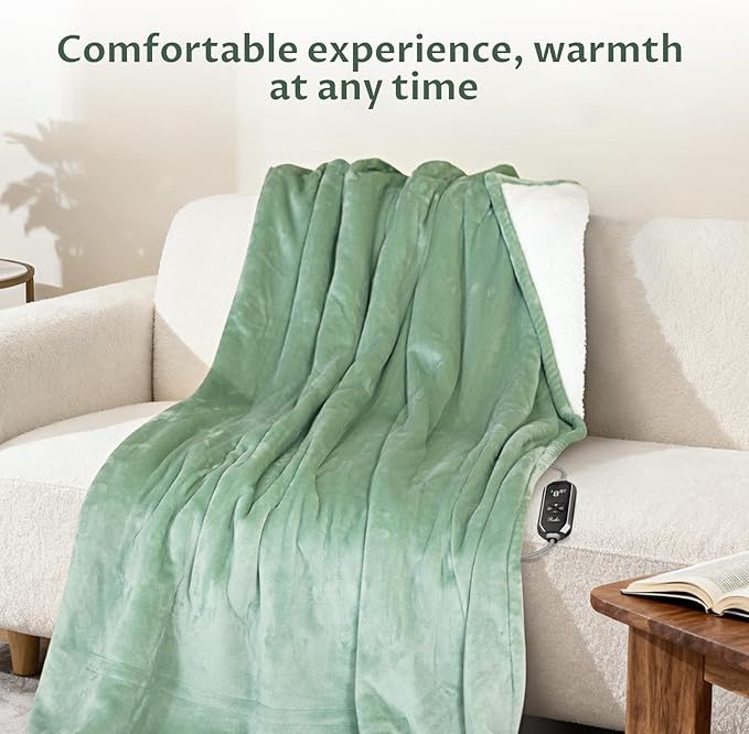 Reaks Heated Blanket Throw, 50×60 Inches, Fast Heating Blanket 10 Heat & 9 Timer Settings, Electric Blanket Soft Flannel Sherpa, Automatic Power Off Function, ETL & FCC, Machine Washable, Green