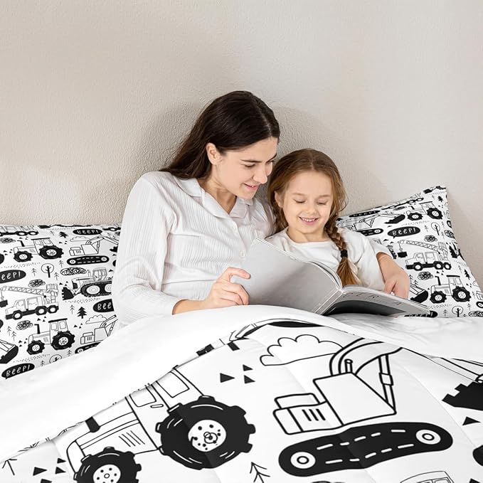 Cartoon Cars Kids Comforter Set King Size,Tractor Truck Excavator Toddler Bedding Set,Girls Boys Adults Room Decor,Construction Vehicles Down Comforter,Black White Chic Duvet Insert,2 Pillowcases