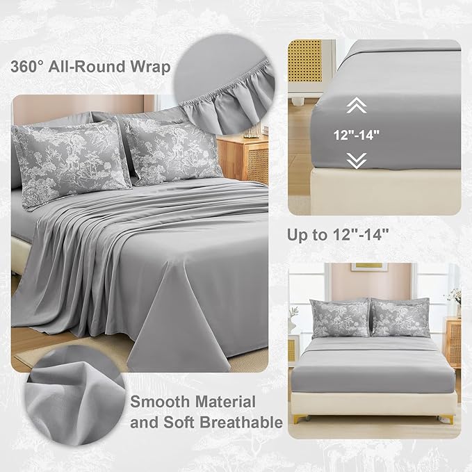 DJY Grey Comforter Set Queen, 7 Pieces Grey Botanical Comforters Queen Size Elegant Plants Print with Sheets Bed in a Bag Soft Microfiber Reversible Complete Bedding Sets for All Season