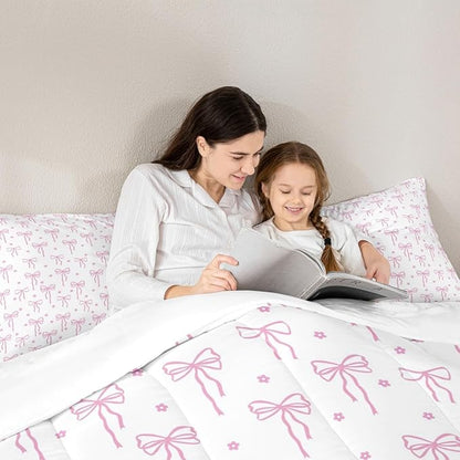 Castle Fairy Bow Print Comforter Set Full Size,Pink Bow Bedding Sets 3Pcs for Kids Teens Women Room Decor,Flower Floral Down Comforter Princess Pink Quilted Duvet Set,2 Pillowcases