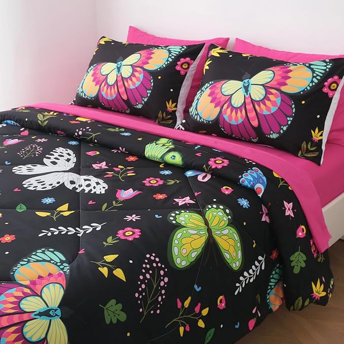Girls Butterfly Comforter Set Queen Size Colorful Flowers Leaves Bedding Set for Kids Teens Adults Black 7 Piece Bed in A Bag Super Soft All Season