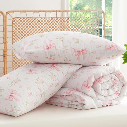 Pink Bow Comforter Set Full 3Pcs Pink Floral Bedding Set for Girls Kids Cute Romantic Princess Style Bowknot Bedding Ultra Soft Garden Flower Comforter Sets with 2 Pillowcases