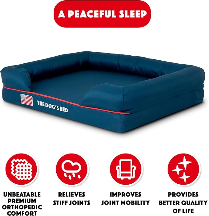 The Dog’s Bed Orthopedic Memory Foam Dog Bed with Bolsters, Oxford Fabric, Blue with Dark Red Trim, M