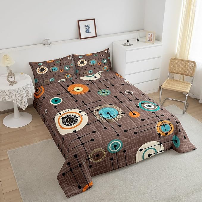 Erosebridal Geometric Grid Bedding King Brown Minimalism Comforter Set, Mid Century Duvet Insert Retro Atomic Down Comforter, Rainbow Circles Black Lines Bedding Comforter Sets Abstract Room Decor