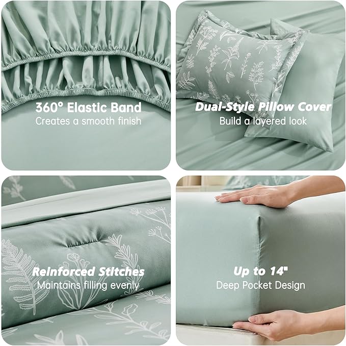 MUXHOMO Twin Comforter Set, Sage Green Elegant Floral Print Bed in a Bag 5 Pieces, Ultra Soft & Breathable Reversible Botanical Pattern Bedding Set with Comforter, Sheets, Pillowcases, and Shams