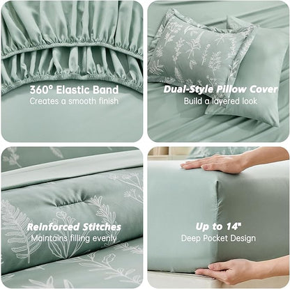 MUXHOMO Twin Comforter Set, Sage Green Elegant Floral Print Bed in a Bag 5 Pieces, Ultra Soft & Breathable Reversible Botanical Pattern Bedding Set with Comforter, Sheets, Pillowcases, and Shams
