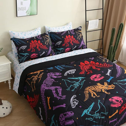 7 Piece Boys Dinosaur Comforter Set Queen Size 3D Black Dinosaur Skeleton Bedding Set for Toddler Kids Teens Christmas Birthday Gift