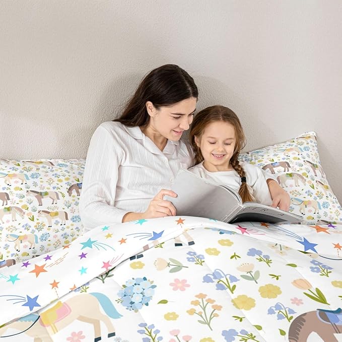 Cartoon Horse Comforter Set Twin Size,Bohemian Flowers Bedding Sets 2Pcs for Kids Girls Boys Women Room Decor,Rustic Farmhouse Quilted Duvet Farm Animals Plants Down Comforter,1 Pillowcase