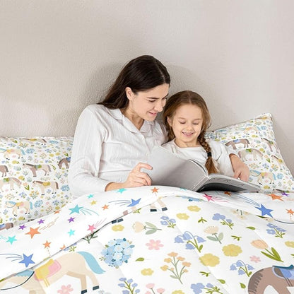 Cartoon Horse Comforter Set Queen Size,Bohemian Flowers Bedding Sets 3Pcs for Kids Girls Boys Women Room Decor,Rustic Farmhouse Quilted Duvet Farm Animals Plants Down Comforter,2 Pillowcases