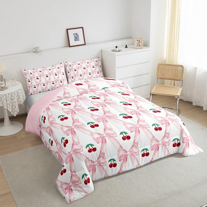 Erosebridal Cherry Bow Comforter Set for Girls,Cute Kawaii Bowknot Twin Bedding Set for Kids Teen Women,Pink Girly Bow Down Comforter Geometric Ribbon Bow Bed Set