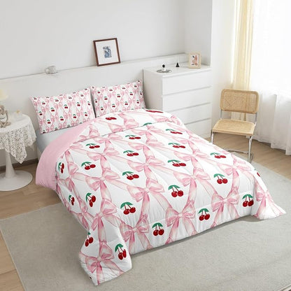 Erosebridal Cherry Bow Comforter Set for Girls,Cute Kawaii Bowknot Twin Bedding Set for Kids Teen Women,Pink Girly Bow Down Comforter Geometric Ribbon Bow Bed Set