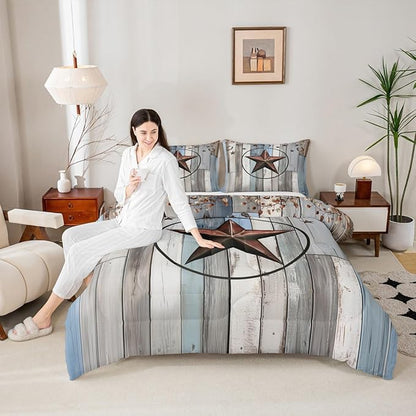 Erosebridal Western Texas Star Comforter Set, Rustic Farmhouse Bedding Set Twin Size, Retro Cowboy Quilt for Kids Teens Adult Men Bedroom, Country Wooden Door Duvet Insert Western Home Decor