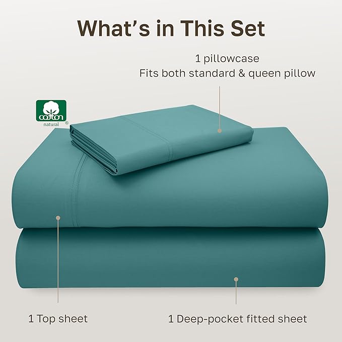 California Design Den Cooling Sheets Twin Size Set - Luxury 600 Thread Count 100% Cotton, Sateen Weave, Deep Pocket Twin Cotton Sheets Sets, Hotel Quality Bedding,Cool Sheets for Hot Sleepers - Teal