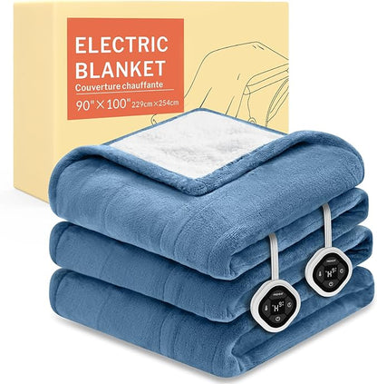 HOMLYNS LuxeHeat Heated Blanket Electric Blanket King Size, Soft Flannel Sherpa Heating Blanket with 10 Heat Settings, 1-10 hrs Timer Auto Shut Off (90x100 inches, Blue)