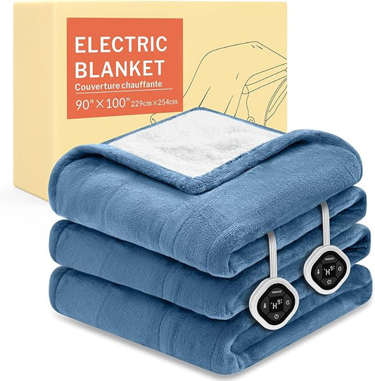 HOMLYNS LuxeHeat Heated Blanket Electric Blanket King Size, Soft Flannel Sherpa Heating Blanket with 10 Heat Settings, 1-10 hrs Timer Auto Shut Off (90x100 inches, Blue)