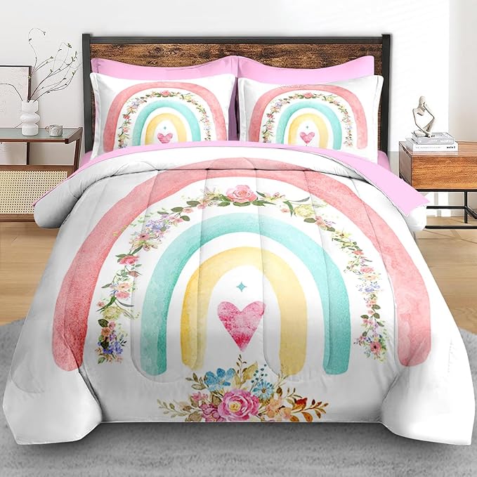 Comforter Set Queen Size, Cute Heart Pink Rose 7 Pcs Bedding for Kids and Adults, Rainbow Leaves Vintage Bed Sheet Sets with Fitted Sheet 2 Pillowcases & 2 Shams for Bedroom Bed Decor