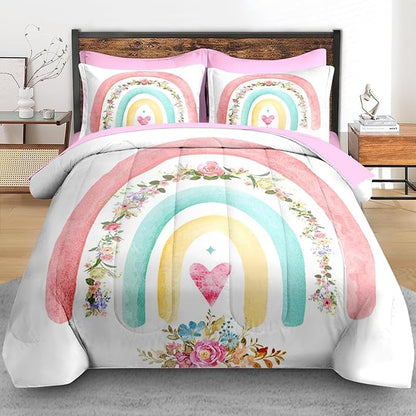 Comforter Set Queen Size, Cute Heart Pink Rose 7 Pcs Bedding for Kids and Adults, Rainbow Leaves Vintage Bed Sheet Sets with Fitted Sheet 2 Pillowcases & 2 Shams for Bedroom Bed Decor