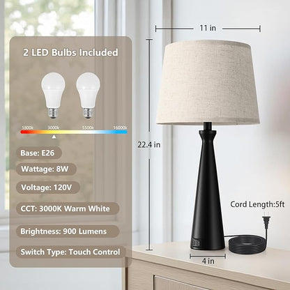 Seealle Modern Table Lamps Set of 2 - Touch Bedside Lamp for Nightstand with Dual USB C+A,3-Way Dimmable Nightstand Lamps for Living Room Bedroom End Table with Beige Shade(Bulb Included)