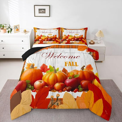 Pumpkin Comforter Set Full Happy Fall Bedding Set Thanksgiving Day Harvest Season Comforter Gifts For Kids Teen Adults,Orange Buffalo Plaid Quilt Duvet Rustic Farmhouse Home Room Decor 2 Pillow Cases