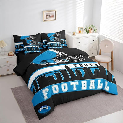 Erosebridal Football 7 Pcs Comforter Set King Football City Bedding for Teens Black Football Fans Sheet Set Bed in A Bag Rugby Game Bedroom Decor Sports Ball Competition Bed Set