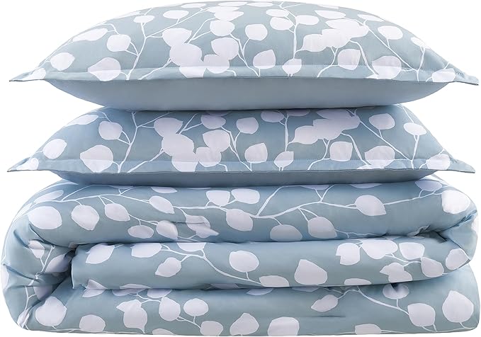 Serta Simply Clean Ellen Soft Modern 3 Piece Botanical Floral Comforter Set with Pillow Case for All Season, King, Light Blue/White