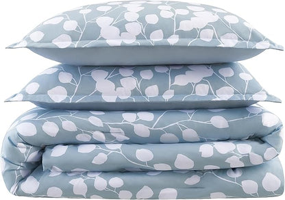 Serta Simply Clean Ellen Soft Modern 3 Piece Botanical Floral Comforter Set with Pillow Case for All Season, King, Light Blue/White