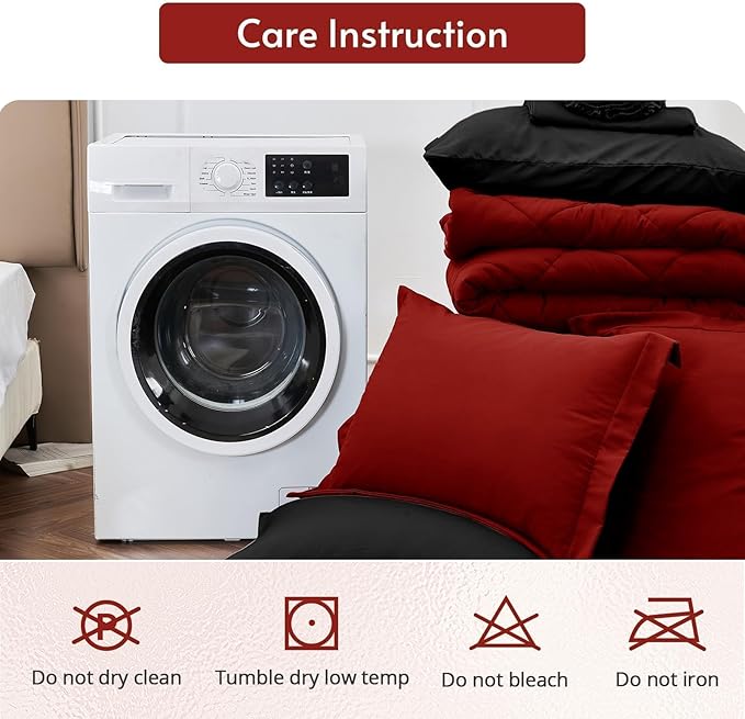 MUXHOMO 7 Pieces King Comforter Set, Reversible Bed in a Bag King Size, All Season Bedding Set with Comforter, Flat Sheet, Fitted Sheet, Pillowcases & Shams, Red & Black