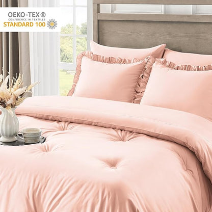 QUIETSEA Queen Bed in a Bag 7 Pieces Comforter Set Queen, Ruffle Shabby Chic Bedding Comforter Set Pink Bed Set with Comforter, Pillowcases, Flat Sheet, Fitted Sheet and Pillow Shams