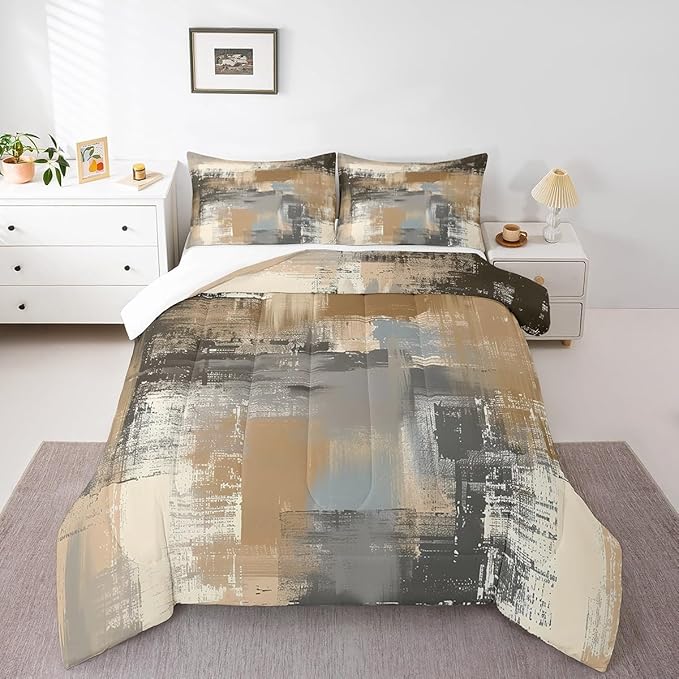 Graffiti Grunge Comforter Set,Brown Grey Tie Dyed Bedding Sets for Women Men,Hand Painted Watercolor Duvet Insert Lightweight,Ombre Oil Painting Down Comforter with 2 Pillowcases Warm,Queen
