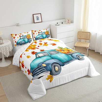 Pumpkin Truck Bedding Set Fall Thanksgiving Harvest Seasonal Comforter Set King Autumn Maple Leaf Bed Comforter Set Farmhouse Home Room Decor Watercolor Quilt Duvet Orange White 2 Pillow Cases