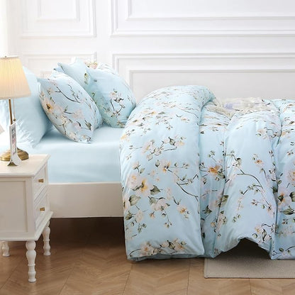 MUXHOMO Ceiba Blue Full Comforter Set, Elegant Floral Print Bed in a Bag 7 Pieces, Ultra Soft & Breathable Reversible Botanical Pattern Bedding Set with Comforter, Sheets, Pillowcases, and Shams