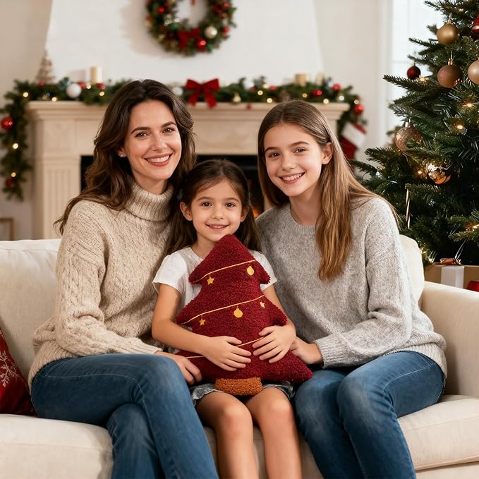 Artmag Christmas Pillow, Decorative Christmas Tree Pillow Stuffed Tree Shaped Embroidered Star Ball Bedroom Xmas Plush for Party Home Decorations 15.5" x 14.5" Red