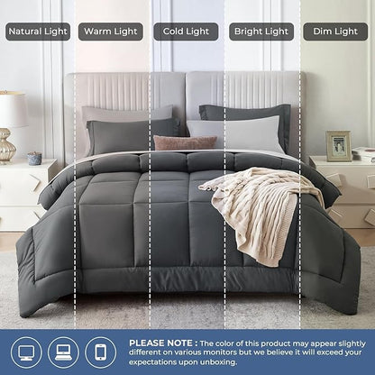 Sasttie Twin XL Comforter Set, 5 Pieces Twin XL Bed in a Bag, Complete Bedding Set Includes Comforter, Flat Sheet, Fitted Sheet, Pillowcase and Pillow Sham, Dark Grey & Light Grey