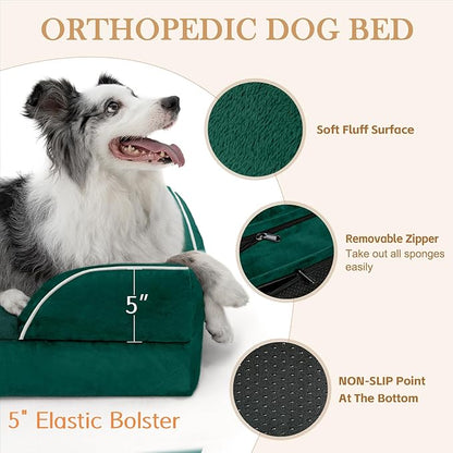 Comfort Expression Orthopedic Dog Bed for Large Dogs 36x27 Inch, Waterproof Supportive Egg Crate Foam Large Pet Bed with Removable Bolsters, Dog Couch with Washable Cover & Non-Slip Bottom, Emerald