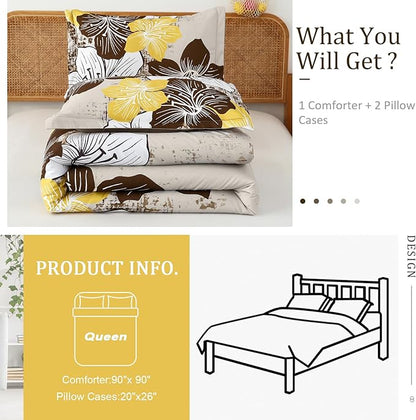 Menghomeus Brown Floral Comforter Set Queen Ombre Brown Bedding Lightweight Microfiber Bed Comforter for All Season, 3 Piece Flowers Comforter with 2 Pillowcases