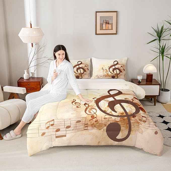 Erosebridal Musical Notes Comforter Set Queen, Retro Rotating Music Down Comforter for Kid Adult, Rock Music Grunge Style Quilted Duvet, Brown Tie Dye Warm Duvet Insert,Lightweight Reversible