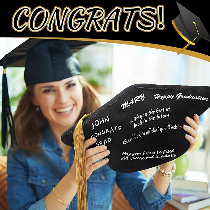 Class of 2026 Autograph Stuffed Pillow 15.7" Graduation Autograph Stuffed Pillow Graduation Guest Signature Gifts Grad Party Sign in Decor for High School College(Black,Cap)