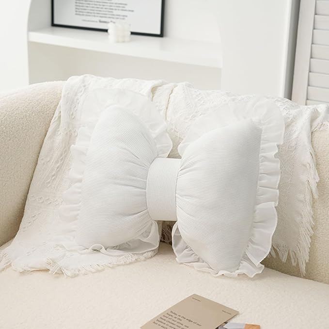 Bow Pillow for Couch, White Bow Pillow Throw Pillow Ruffle Lace Bow Pillows Decorative, Cute Bow Shaped Pillows for Sofa Couch Bed Living Room Bedroom White