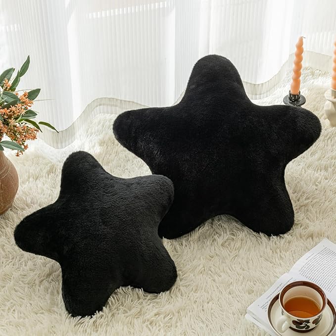 Star Pillow, Decorative Throw Pillow with Plush for Couch, Cute Decor Pillows for Bed, Aesthetic Star Shaped Pillow Fun Cushion for Sofa Living Room (Black, 14.9 Inches)