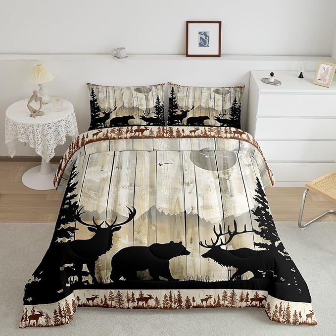Feelyou Western Rustic Bear Deer Elk Comforter Set, Wooden Farmhouse Bedding King, Hunting Wild Animal Quilt Forest Wildlife Hunting Bedding Comforter Sets Kids Boys Teens Adult Men Bedroom Decor