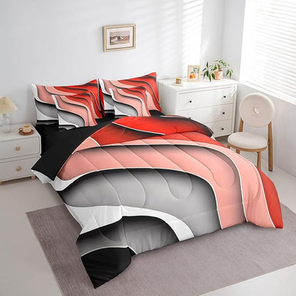 Erosebridal Red Pink Grey Ombre Bedding Comforter Sets 7pcs for Girls Geometric Stripe Bed in a Bag, Aesthetic Wave Twin Bedding Sets Modern Abstract Comforter Set, Gradient Bedding Sets & Collections