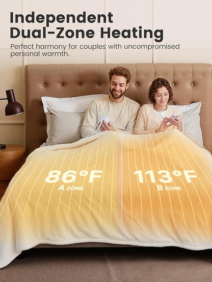 WOOMER Heated Blanket Queen Size 84" x 90", Electric Blanket with 0.5-12 Hours Timer & 10 Heating Levels, ETL Certified, White Double-Sided Velvet, Machine Washable