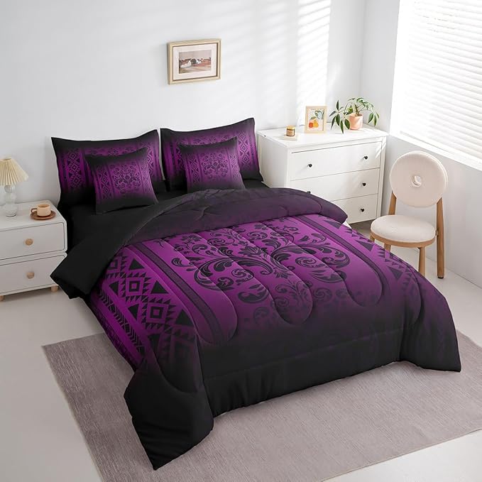 Comforter Set King Size, Dark Purple Damask Aztec 7 Pcs Bedding for Kids and Adults, Antique Decor Western Baroque Gothic Bed Sheet Sets with Fitted Sheet 2 Pillowcases & 2 Shams for Bedroom Bed Decor